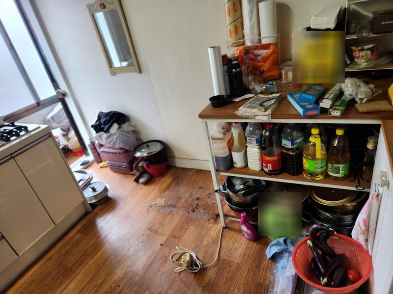 주방의 어수선한 모습. 선반, 싱크대, 바닥 등 곳곳에 폐기물이 쌓여 있습니다.<br>