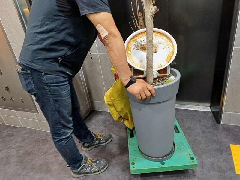 죽은 화분 트롤리에 싣고 이동